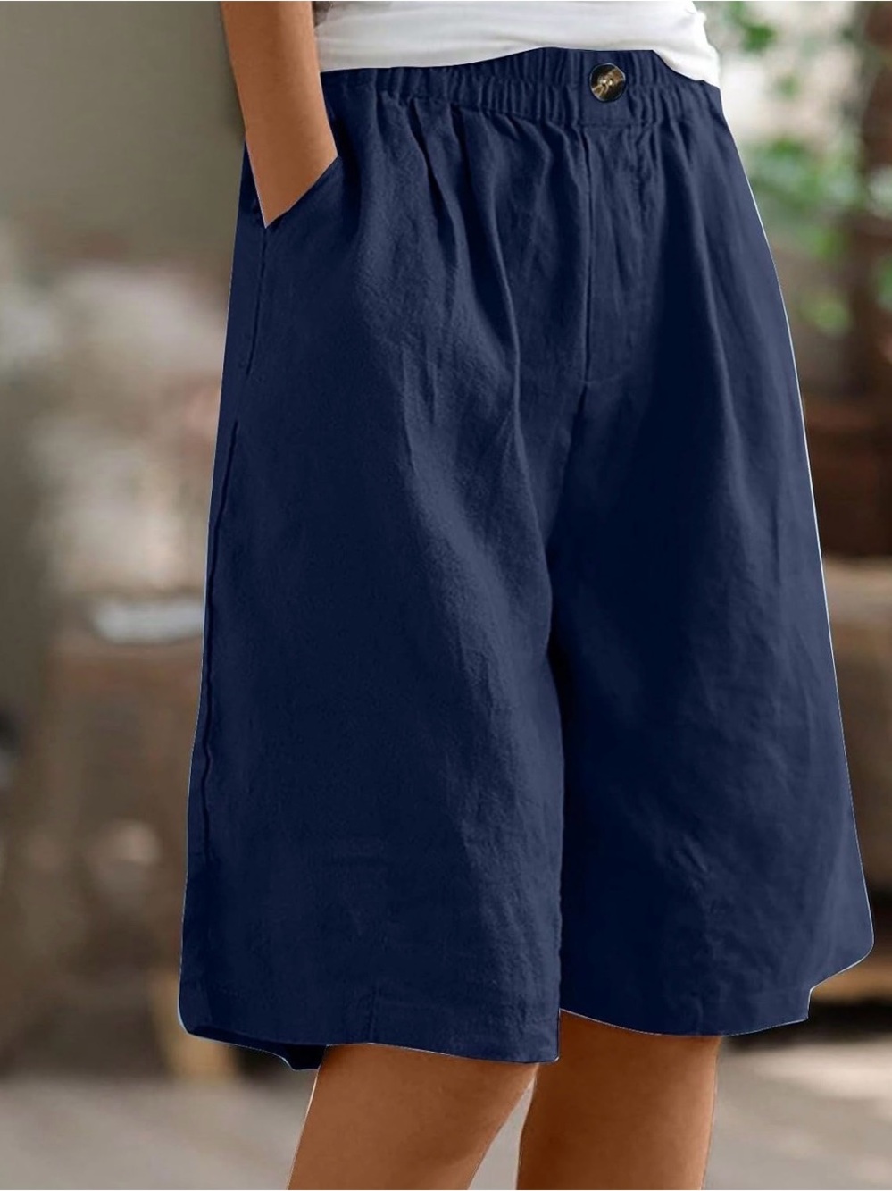 Navy Wide-Leg Elastic Waist Shorts